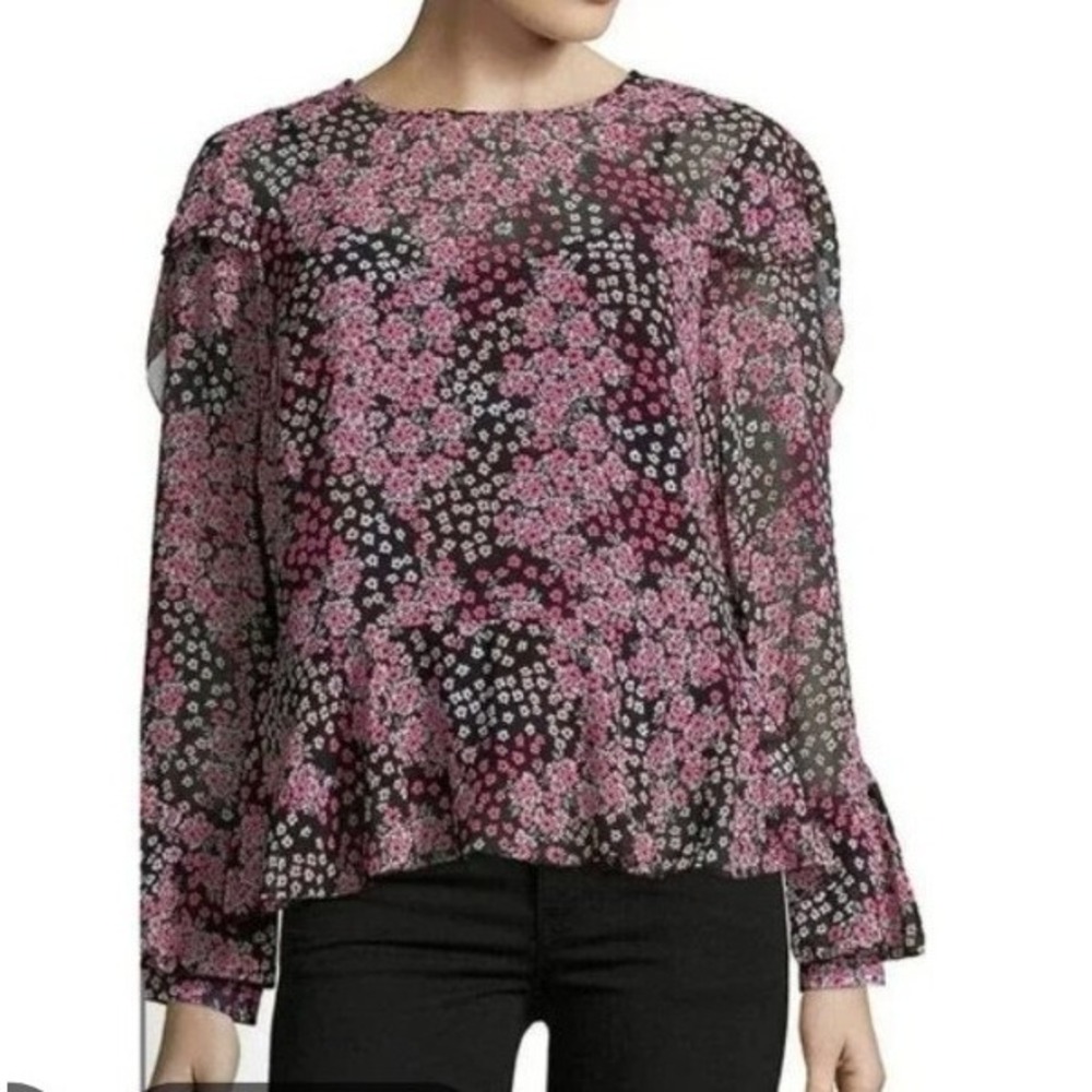 Nanette Lepore blouse‎ long ruffle sleeves pink floral peplum dressy Women SZ L